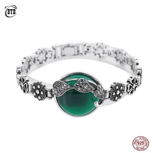 Настоящий 925 пробы Серебряный Браслет овальный натуральный зеленый камень винтажный тайский серебряный Хрустальный Цветочный браслет для женщин ювелирное изделие