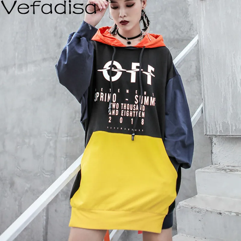 

Vefadisa Autumn Woman Cotton Letter Printed Spliced Sweatshirt Casual Pullovers Full Sleeve Hooded Sweatshirt 2019 QYF228