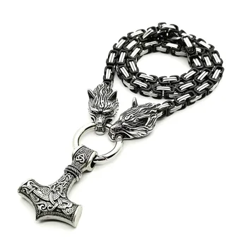 

Men Stainless Steel Wolf Head King Chain Nordic Viking Amulet Thor's Hammer Pendant Necklace Viking King Chain