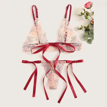 

New Ultra Thin Cup Lingerie Bra Set Underwear Transparent Temptation SexyLingerie Underwear Set Embroidered Bow Bra Floral Thong