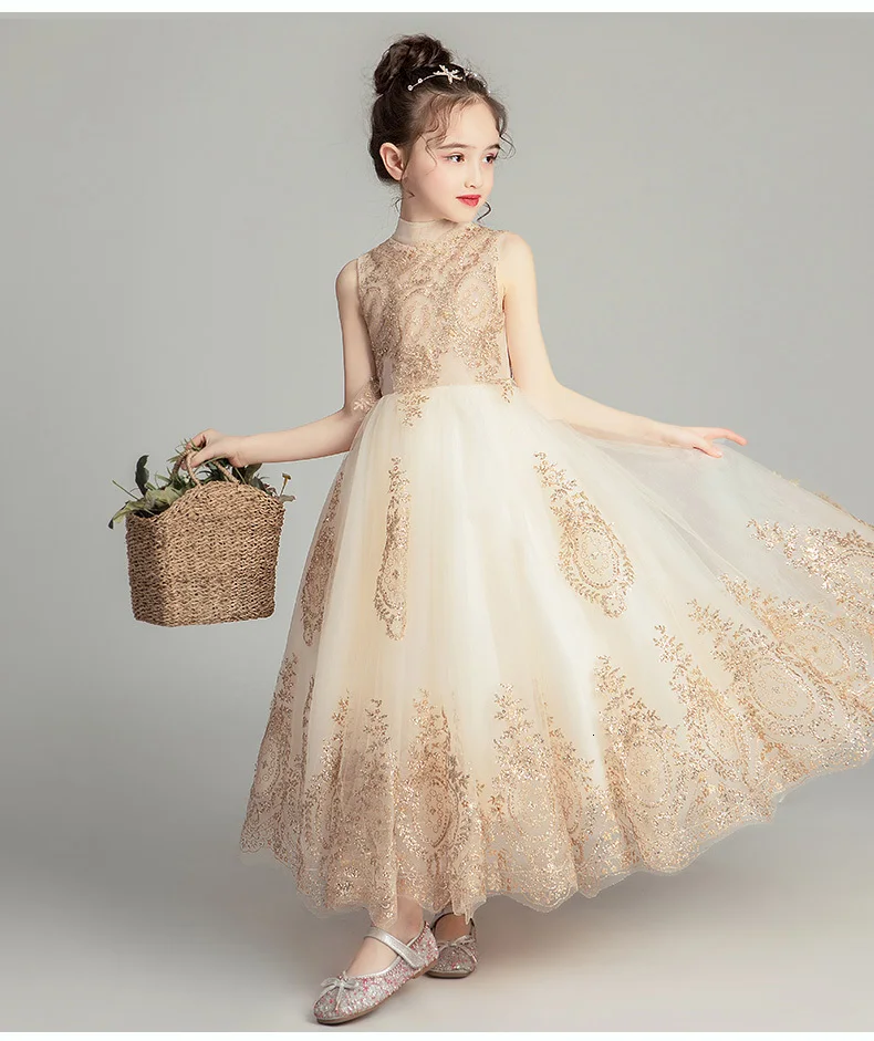 Кружевное свадебное платье с золотыми блестками для девочек; детское праздничное платье для первого причастия; детское платье для крещения; Пышное Платье; Платья с цветочным узором для девочек