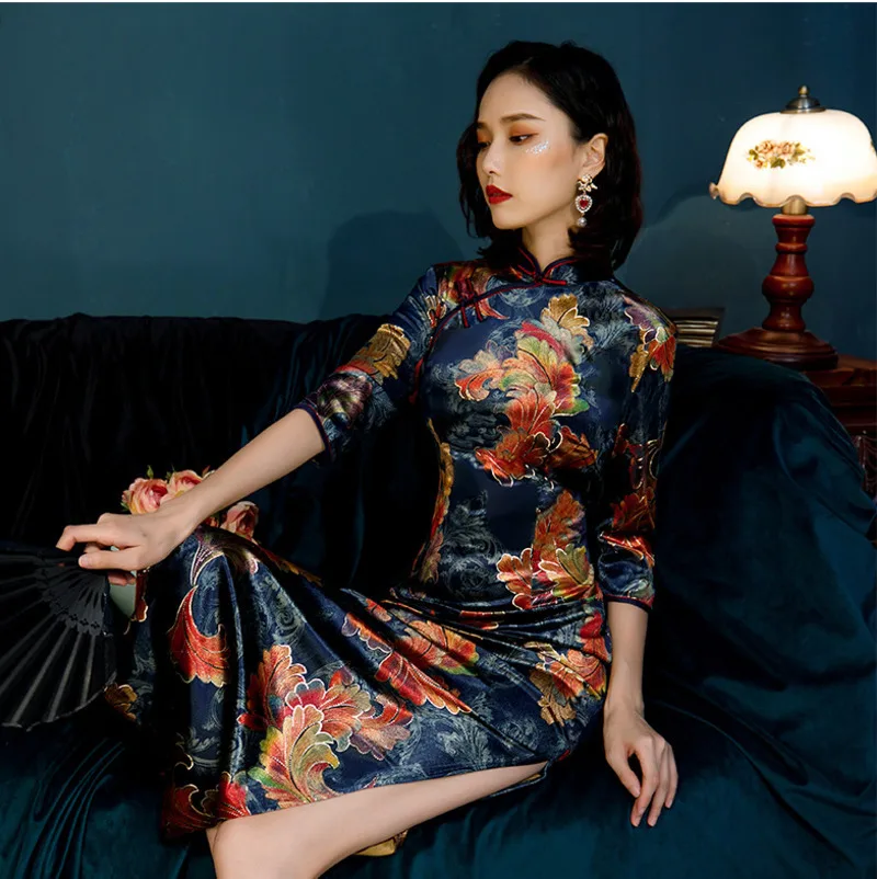 SHENG COCO Плюс Размер Женская одежда велюр Cheongsam темно-синий традиционное китайское платье вечернее осеннее длинное Qipao 5XL 4XL 3XL