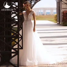 

Aedmgh A-Line Beach Wedding Dresses 2021 V-Neck Cap Sleeve Robe De Mariee Beaded Appliques Tulle Boho Plus Size Vestido De Novia