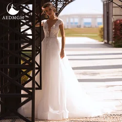 Aedmgh A-Line Beach Wedding Dresses 2021 V-Neck Cap Sleeve Robe De Mariee Beaded Appliques Tulle Boho Plus Size Vestido De Novia