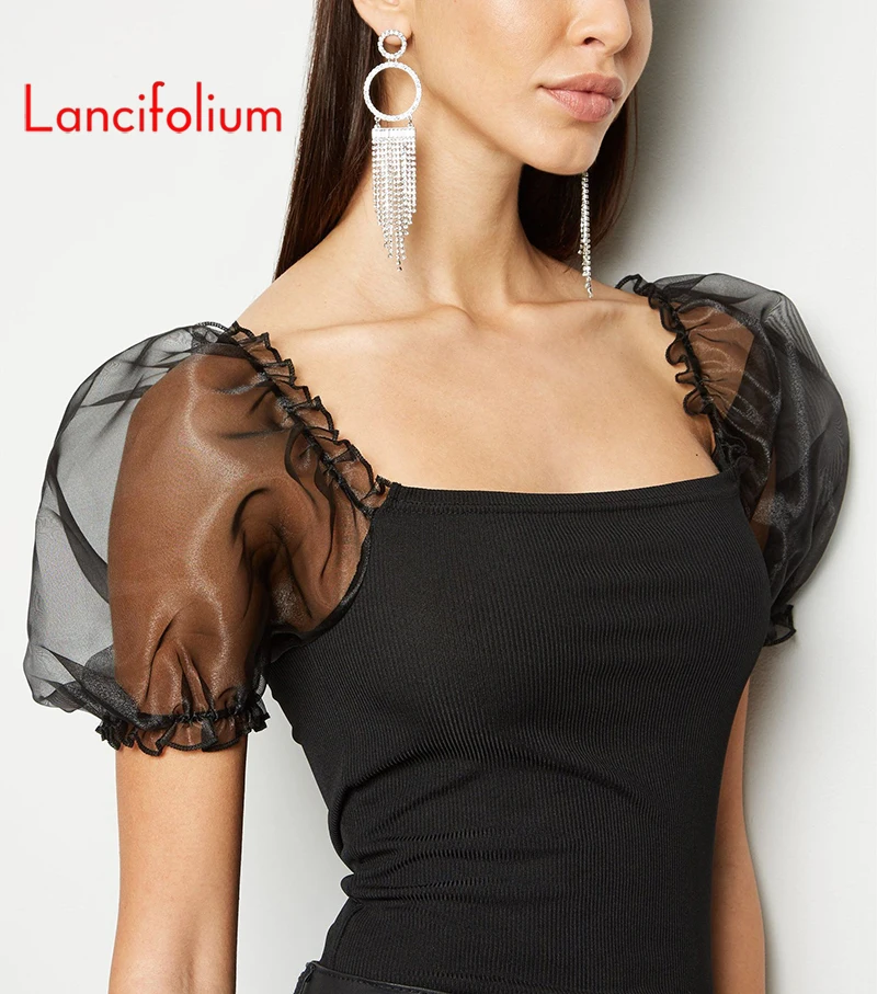 

Привлекательная футболка с пышными сетчатыми рукавами, женская летняя винтажная черная футболка с квадратным вырезом, женские белые облегающие вязаные топы Egirl 2020, женские топы