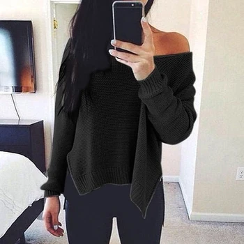 

Women Sexy Knitted V Neck Sweater Off Shoulder Split Pullovers Knitwear Autumn Winter Loose Oversize Sweater Jumper