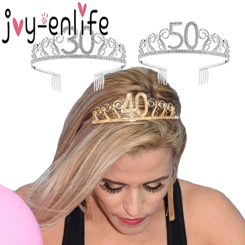 

30 40 50 Birthday Party Decorations Adult Crystal Rhinestone Tiara Princess Crown Hairbands Accessories Happy 30 Year Decoration