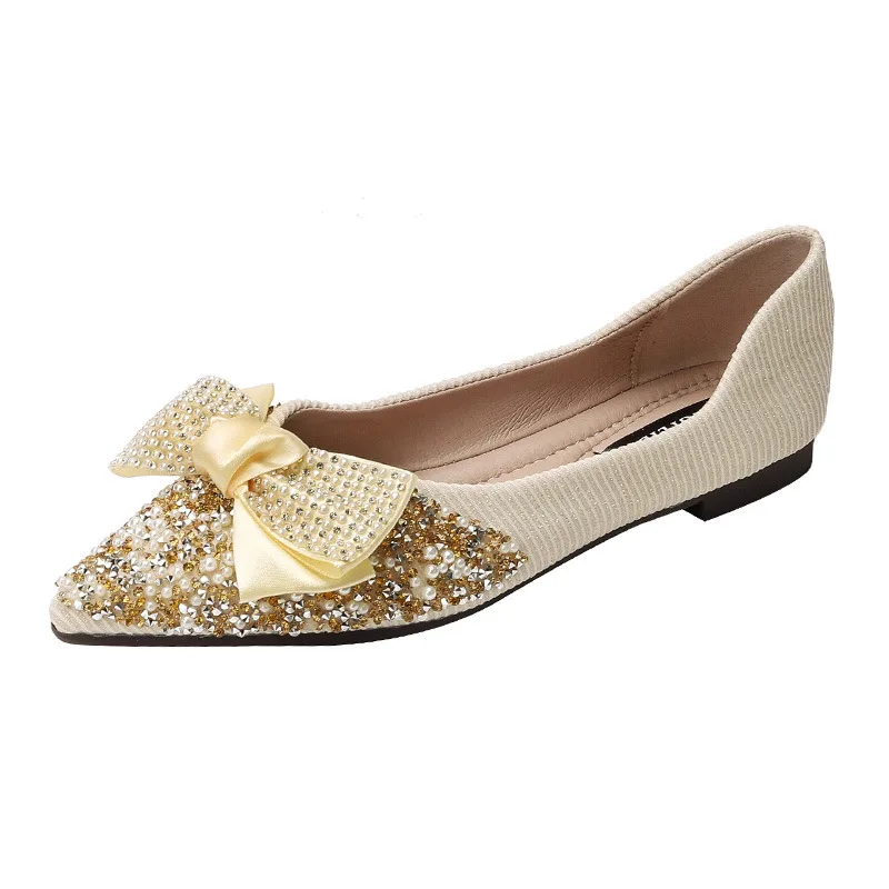 Ladies Flat Shoes Spring 2021 New Pointed Shallo Rhinestone Bowknot