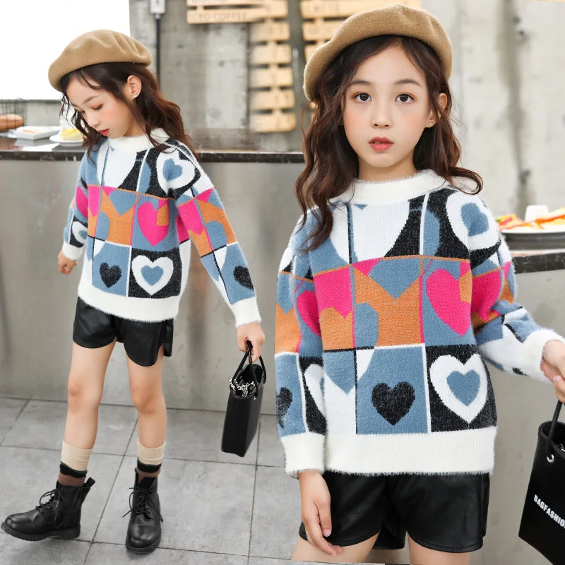 

Europe Korea model children's Sweater Girl's autumn small medium-sized children's Pullover square T-shir 4 8 10 12 years 258