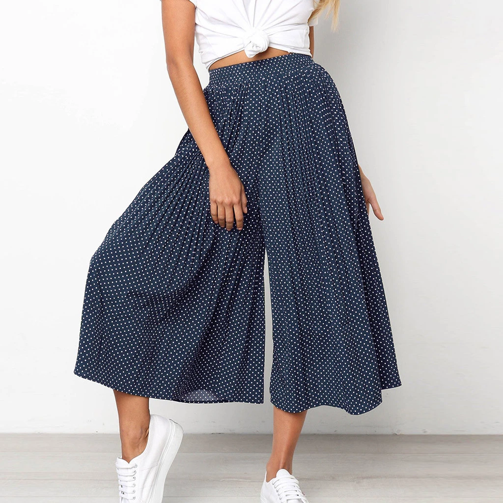 

Women Autumn Casual Pants High Waist Wide Leg Pants Beach Pleated Sexy Winter Trousers Female Dot Printed Capris Pants 808