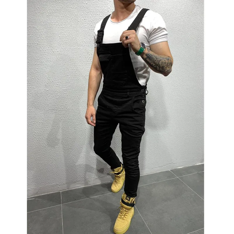 Высокие уличные карманы джинсы комбинезон для мужчин мода Slim Fit джинсовые комбинезоны Modish ремень повседневные подтяжки состаренные джинсы