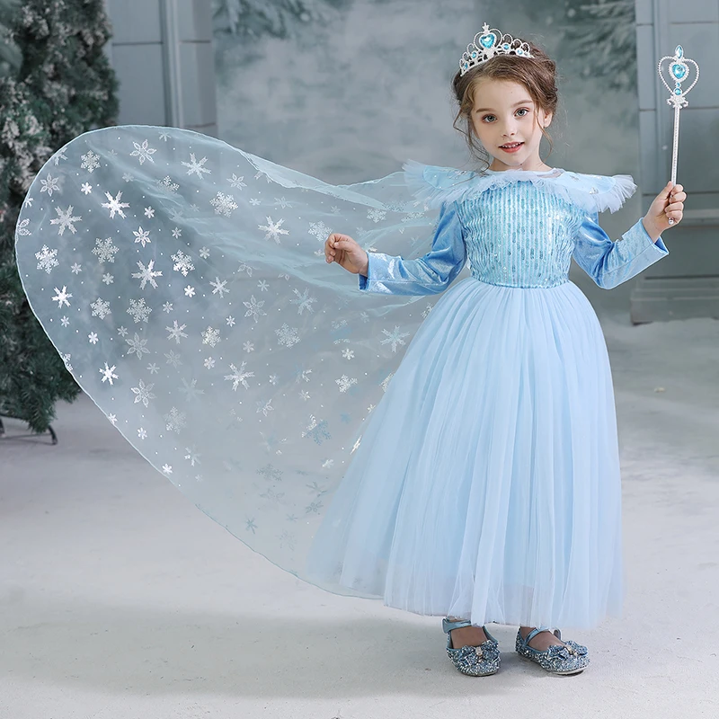 Платье Анны и Эльзы для ролевых игр для девочек, с блестками, снежинка, манжеты с длинным рукавом, Хэллоуин, вечерние костюмы принцессы для косплея, детская одежда - Цвет: Dress 1 and A