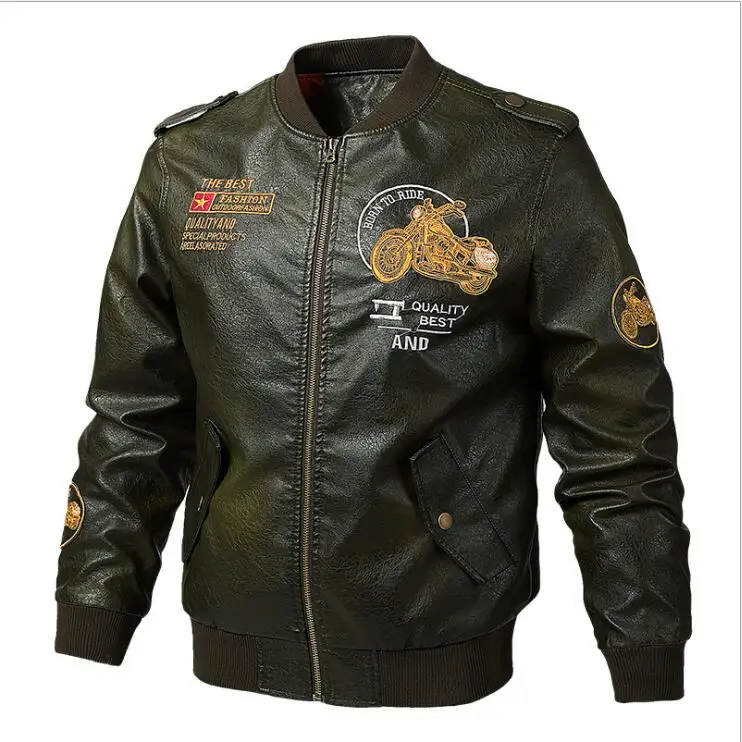 Мужская зимняя куртка-бомбер куртка из искусственной кожи мужские мотоциклетные Байкерская кожаная куртка пальто с вышивкой куртка-бомбер, авиационная Кожаные куртки 6XL