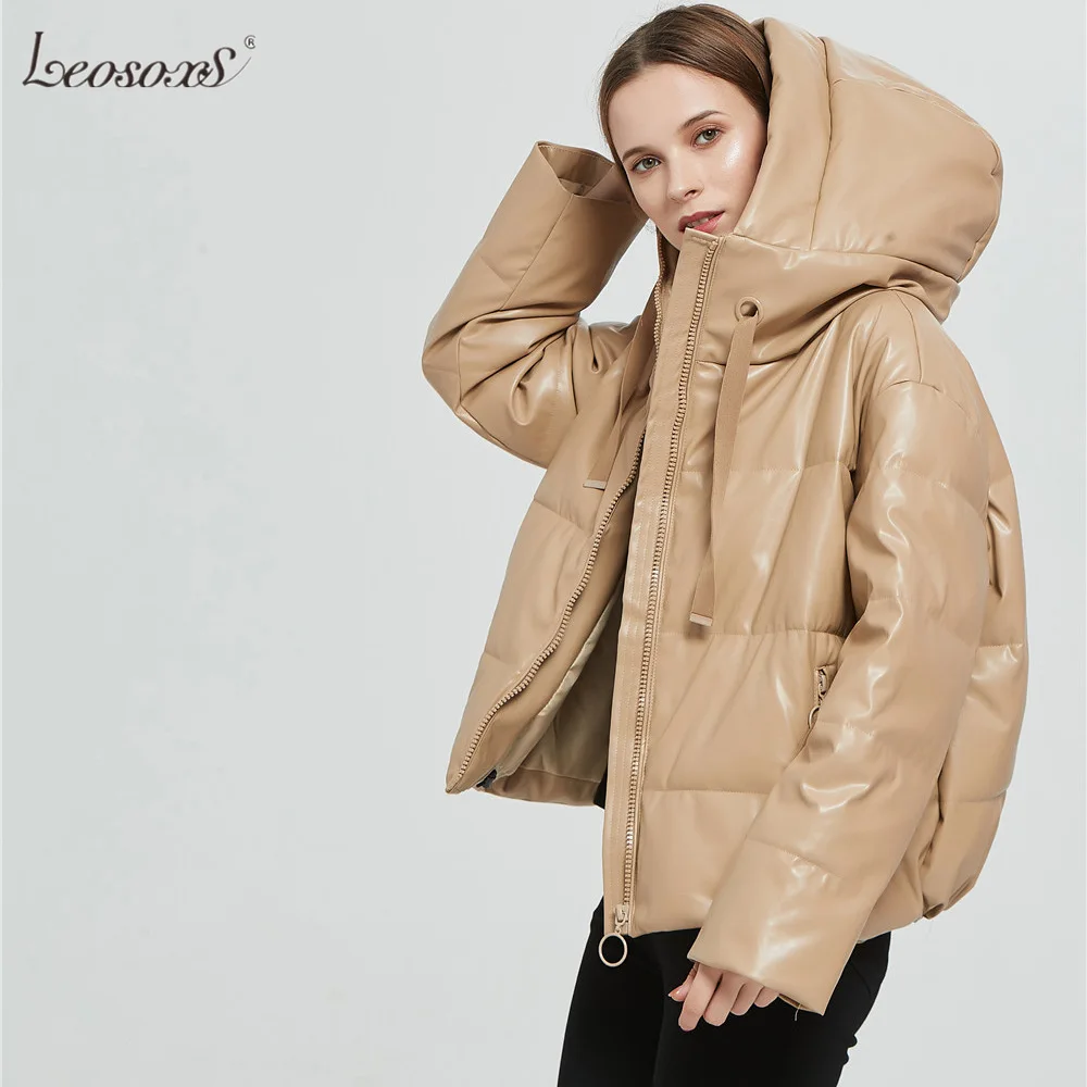 

Women Thick Warm PU Faux Leather Padded Coat 2020 Winter Zipper Hooded Jacket Parka Long Sleeve Pockets Outerwear Tops