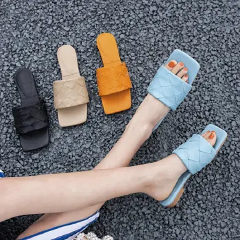 

ZawsThia 2020 genuine leather insole brand weave open toe woman casual slippers blue orange women slides flat shoes summer mules