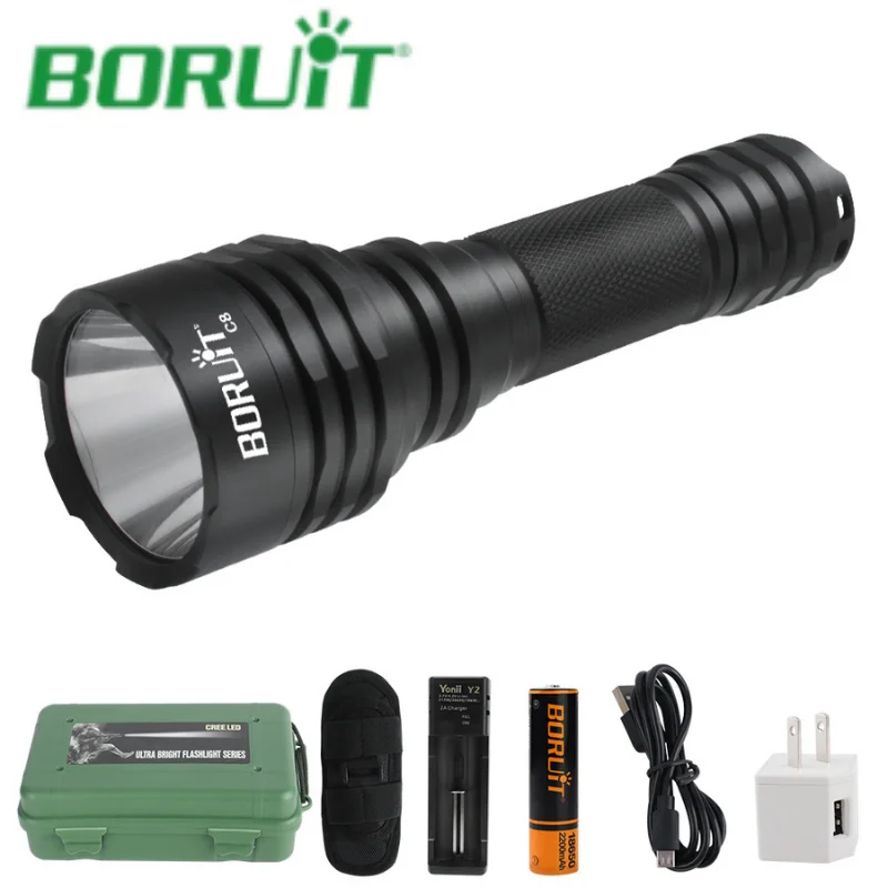 BORUiT New C8 1050LM Brightness Light Long-Range Flashlight Set,Powerful 5 Light Modes  Rechargeable LED Flashlight 18650 Torch best flashlights for police