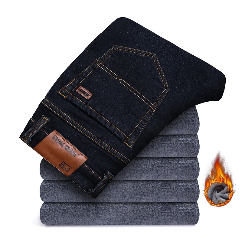 Флисовые теплые мужские джинсы Новые прямые зимние классические деловые повседневные утолщенные эластичные брендовые штаны синие черные джинсы 815