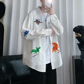 

2020 Spring And Autumn New Korean Version Of The Ins Trend Cartoon Small Dinosaur Plaid Men's Casual Shirt Comfortable M-2XL