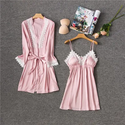 2 PCS Robe gown Сексуальный женский халат и халат, кружевной Халат+ Ночное платье, 4 предмета, одежда для сна, Женский пижамный комплект, халат из искусственного шелка, женское белье - Цвет: 2 PCS Robe gown