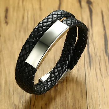 

Vnox Men's Stainless Steel Identification Bracelet Black Braided Double Layers Leather Rope Wrap Bracelets Bangles Male Jewelry