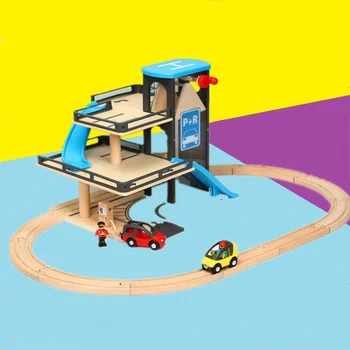 

Wooden Parking Lot Railcar Compatible with Brio Wooden Track Kids Toys Birthday Gift Car Toy Train Toy Come with Cars for Kids