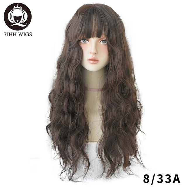 7JHH WIGS Blue Deep Wave Wig With Bangs For Women Long Omber Brown Hair Layered Heat Resistant Cosplay Party Synthetic Wig QH-8-33A