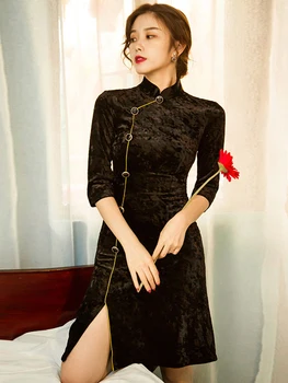 

Retro girl Chinese velvet girl young style cheongsam slim slim high slit middle sleeve cheongsam dress woman