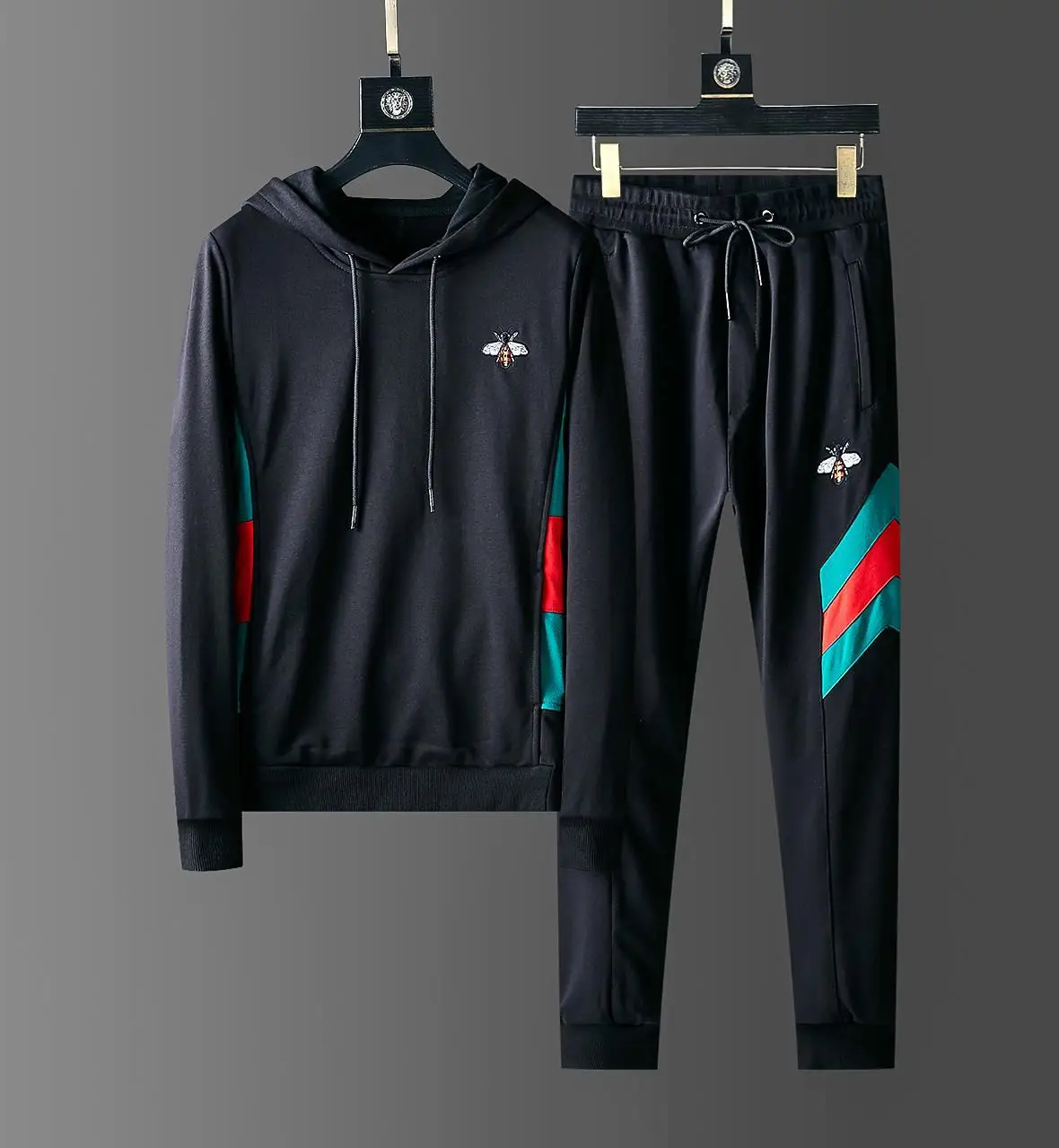

2019 Autumn Korean-style Men Leisure Set Trousers Bees Contrast Color Joint Light Luxury Fashion Hooded Sports Set