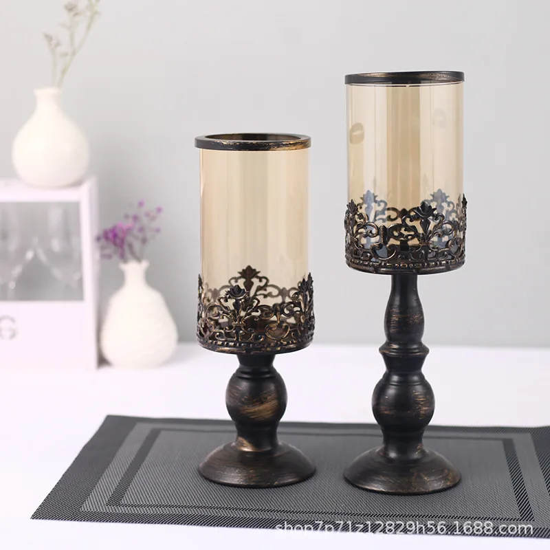 

1PCS European Retro Iron Glass Candlesticks Wedding Candle Centerpiece For Gift Home Decor Accessories