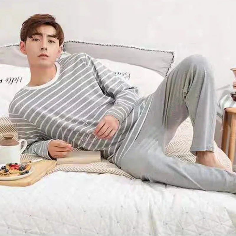 PUIMENTIUA Men Cotton Pajamas Sets Letter Striped Sleepwear Cartoon Pajama Sets Casual Sleep&Lounge Pyjamas Plus Size 2XL Pijama
