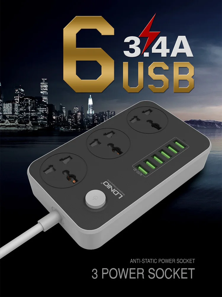 EU/US/UK LDNIO SC3604 Мощность гнездо для шнура удлинителя 6 USB полосы 3 розетки адаптер