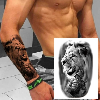 Tatouage temporaire pour hommes, femmes, enfants, garçons, Lion, faux monstre, autocollant, boussole, transfert d’eau noir, bras