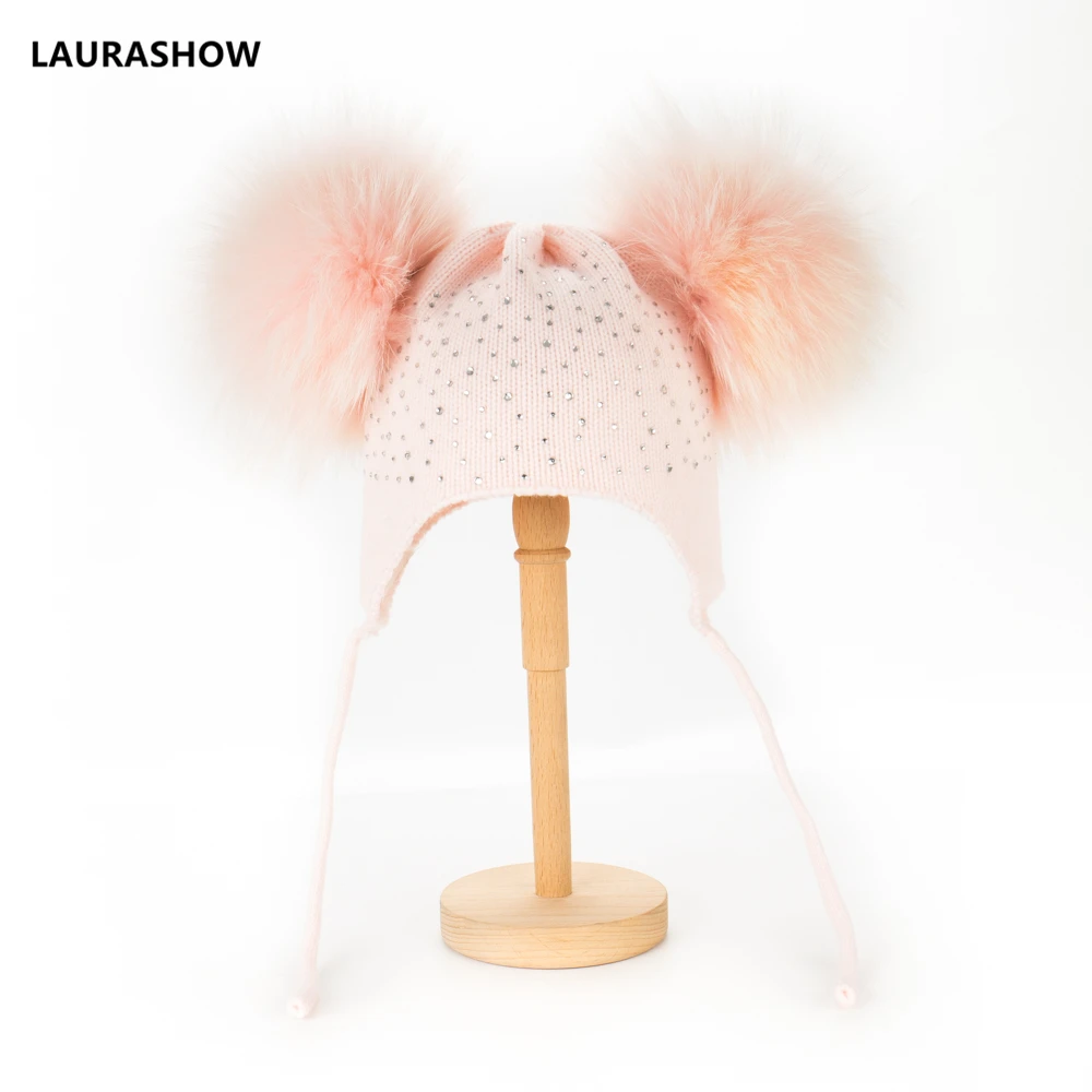 15CM PINK POM Детская Весенняя вязаная шапка с помпонами из меха енота; детская шапка; Детские шапочки - Цвет: 15CM PINK POM