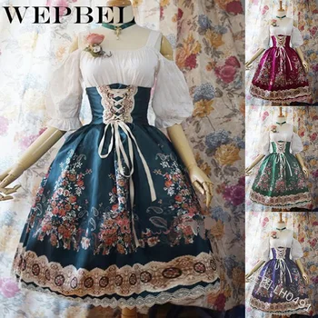 

WEPBEL Women Lolita Dress Floral Flower Vintage Slash Neck Retro Princess Ruffles Short Sleeve Bandage Cos Ladies Dresses