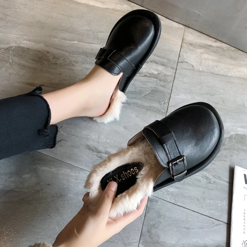 

2019new belt buckle round close toe mules slides casual outside slip-on lazy fur slippers solid low heels flip flops women shoes