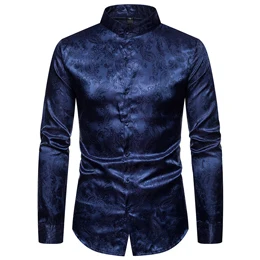 navy blue Роскошные мужские Жаккардовые Рубашки с узором пейсли Стильные приталенные рубашки с длинным рукавом и воротником "Мандарин" для вечеринок и ночных клубов - Цвет: navy blue