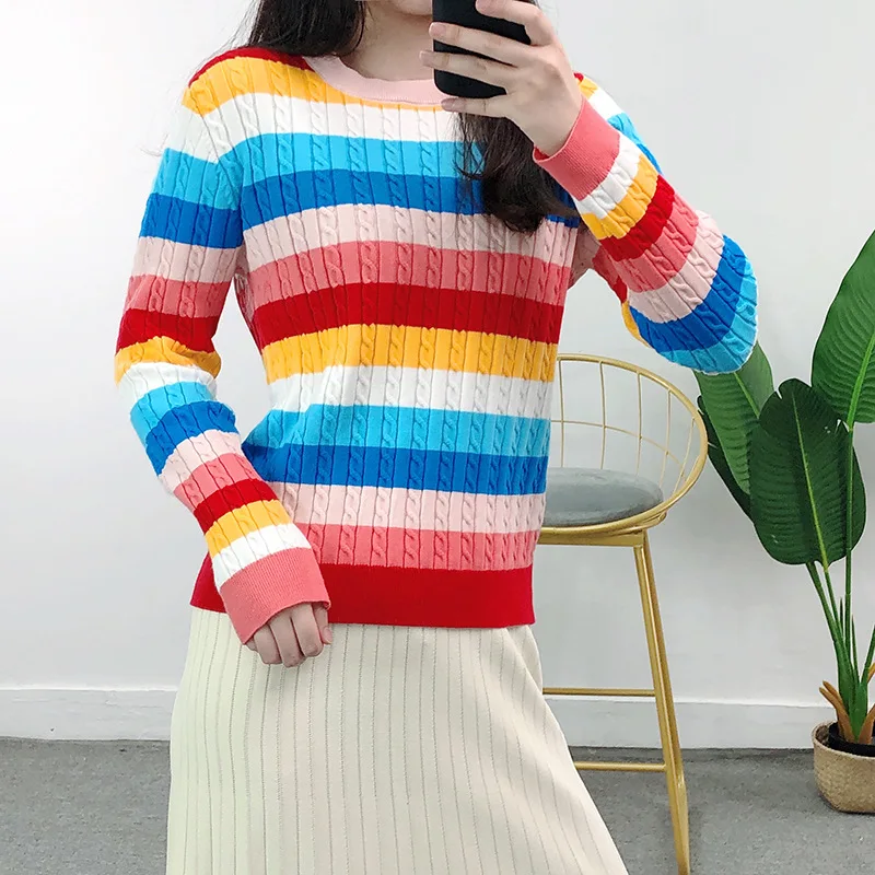

Rainbow Striped Sweater Women Twist Knit Pullovers 2021 Fall Jumpers Round Neck Long Sleeve Sweater Pullover Korean Fashion Tops