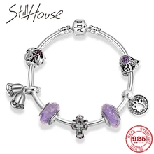 Перекрестной Подвески 925 пробы серебра роскошный c фиолетовыми стеклянными бусинами Подвески Браслет для Для женщин аксессуары ювелирные изделия