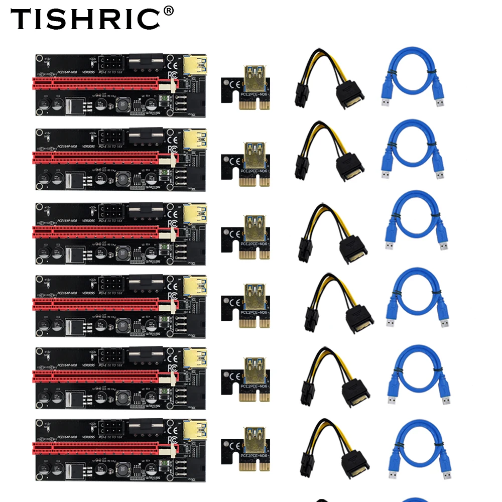 6 шт. TISHRIC PCIE PCI-E Riser 009S карта GPU PCI E X16 Express 6Pin на SATA 1X 16X USB3.0 удлинитель светодиодный