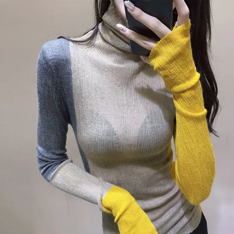 2020 autumn and winter color matching tight eating soil sweater Women's Western style high collar base sweater
