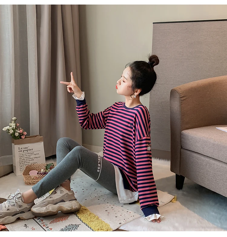 Maternity Autumn Clothes Embroidery Long Sleeve O-Neck Fleece Patchwork Striped Pregnant Women Sweatshirts Loose Cotton Hoodies