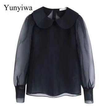 

New Spring Women Sweet Turn Down Collar Transparent Black Organza Blouses Puff Sleeve Smock Shirt Female Chic Blusas Tops