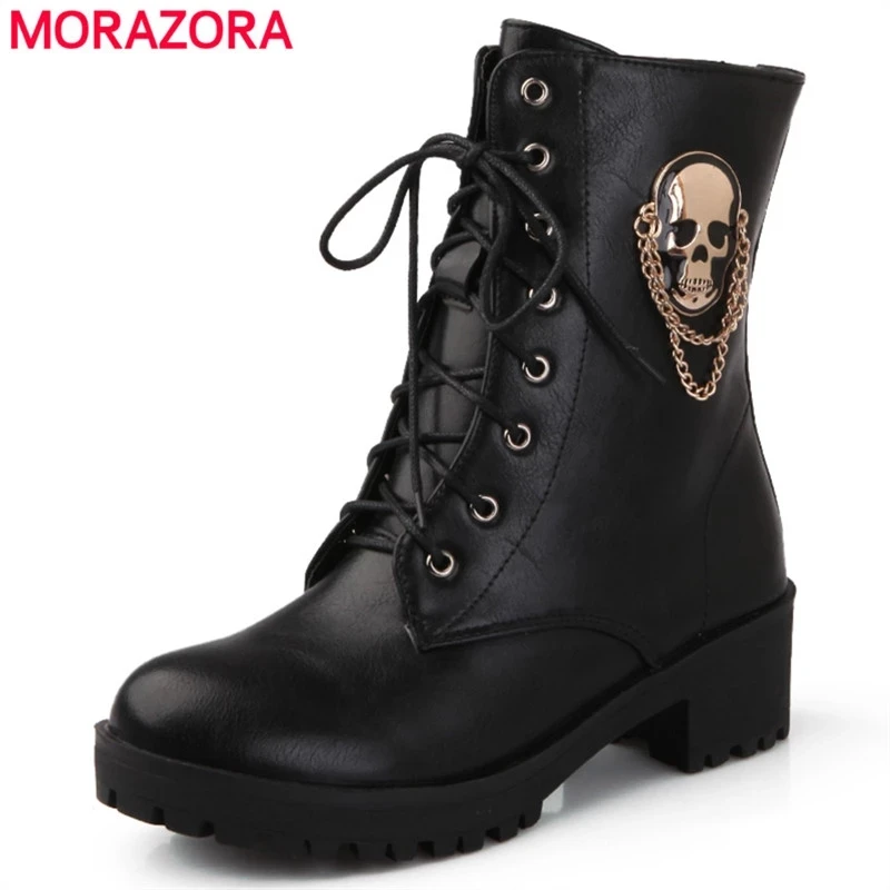 MORAZORA 2024 hot sale ankle boots for women skull street lace up platform women's boots fashion ladies autumn winter boots shoe