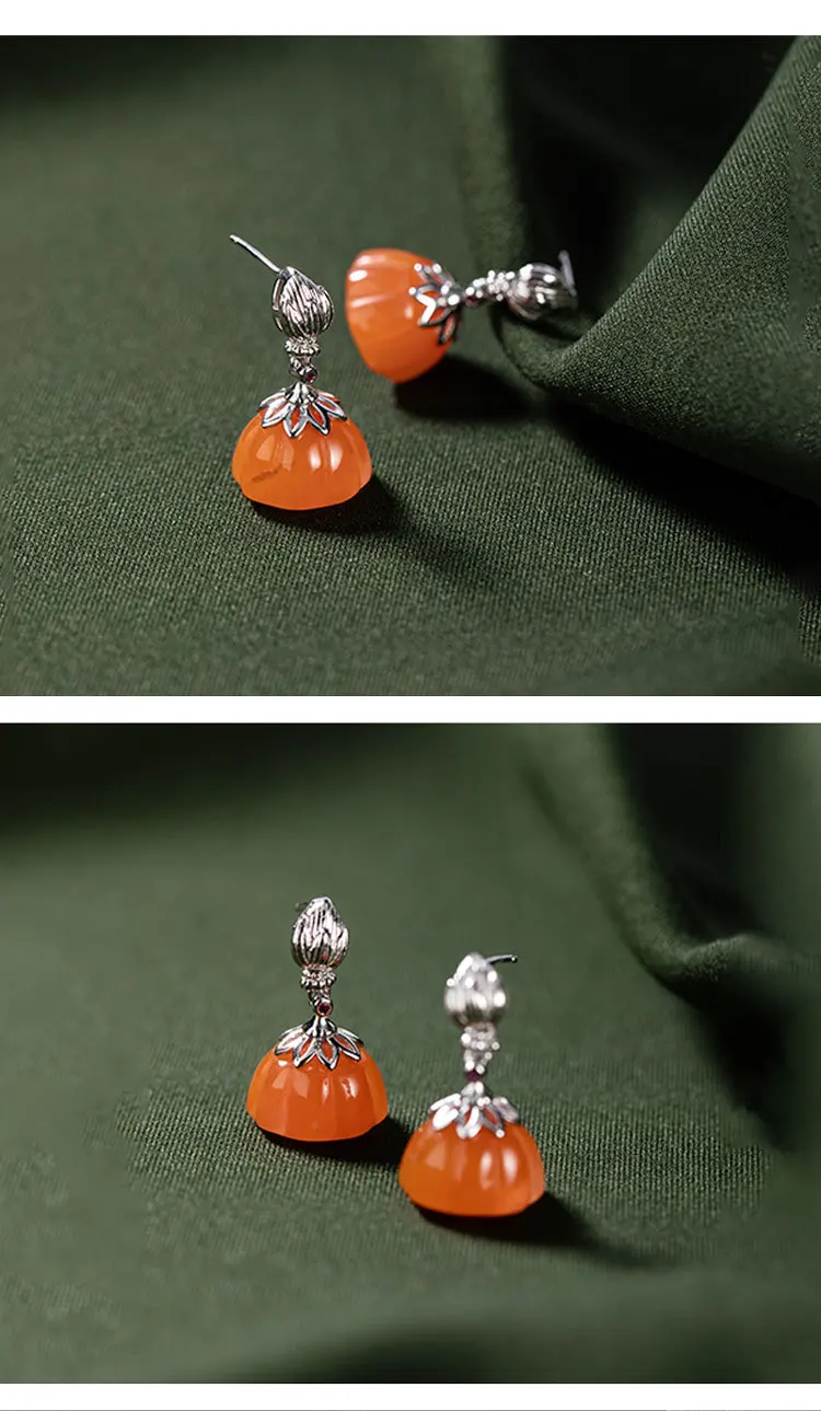 Uglyless Pretty Pumpkin Color Agate Earrings for Women Solid 925 Sterling Silver Flower Lotus Earrings Gemstones Jewelry E1801