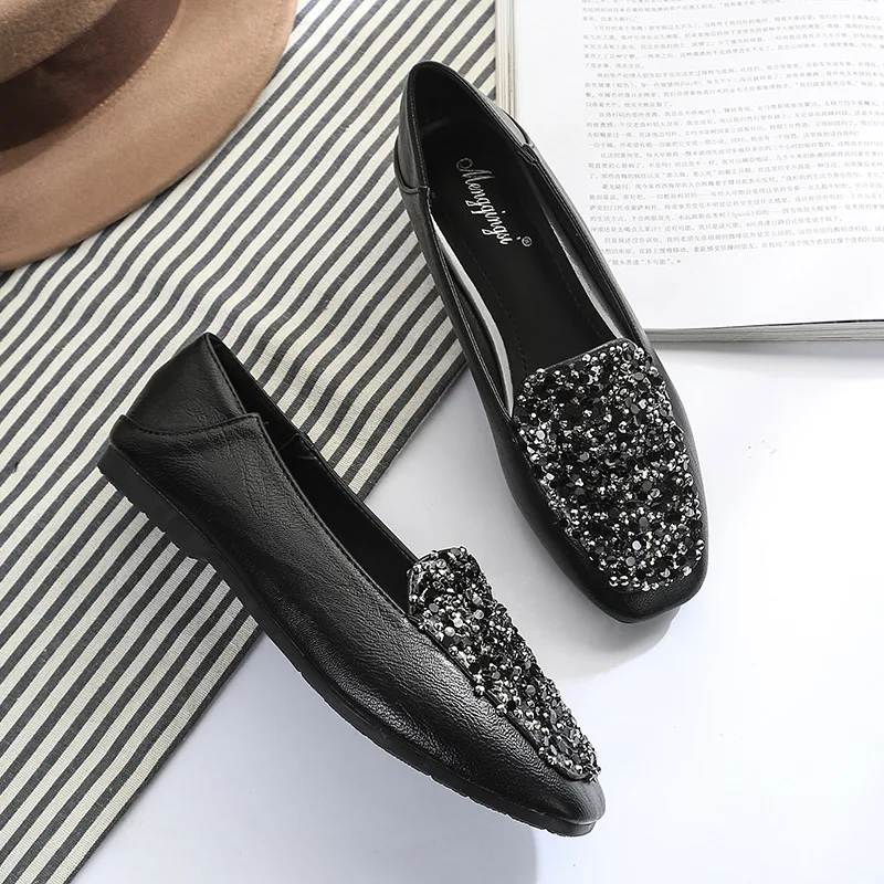 

Shoes Woman Glitter Crystal Flats Loafers Shallow Slip on Square Toe Slides Comfortable Plus Size Sandalias Mujer Black Apricot