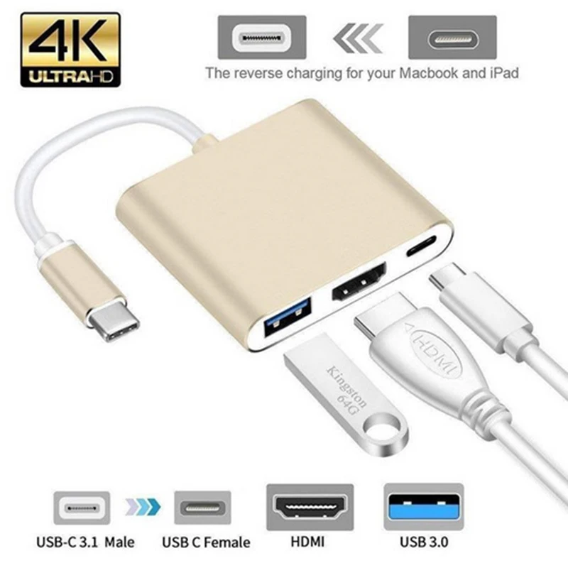 3 в 1 Usb c HDMI type c Hdmi mac 3,1 конвертер адаптер type c в hdmi HDMI/USB 3,0/type-C Алюминиевый адаптер для Apple Macbook