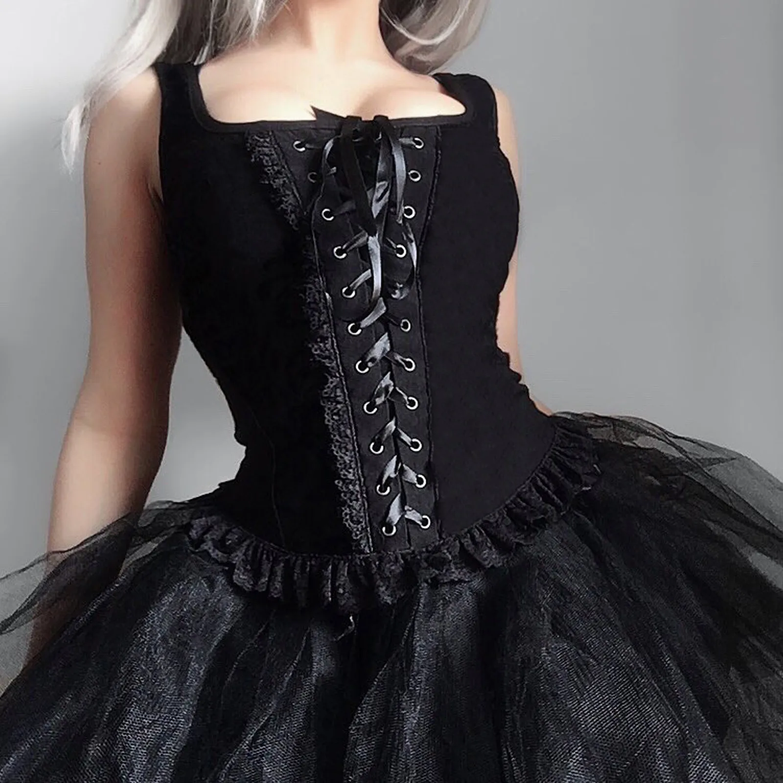 Pretty Lady Sexy Shirts Gothic Women Vintage Gothic Slim Tank Tops Lace-up Sleeveless Mesh Ruffle Sexy Tops Блузи 1