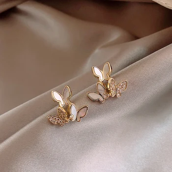

2020 Korean new design fashion jewelry personality three butterfly shell crystal earrings elegant cute female earrings