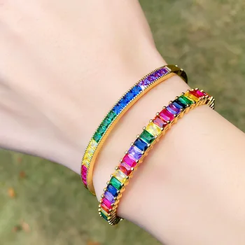 

Gold Bangles Bracelets For Women With Cyrstal CZ Cubic Zircon Metal Brand Rainbow Jewelry Personalized Bracelet Wedding Gifts