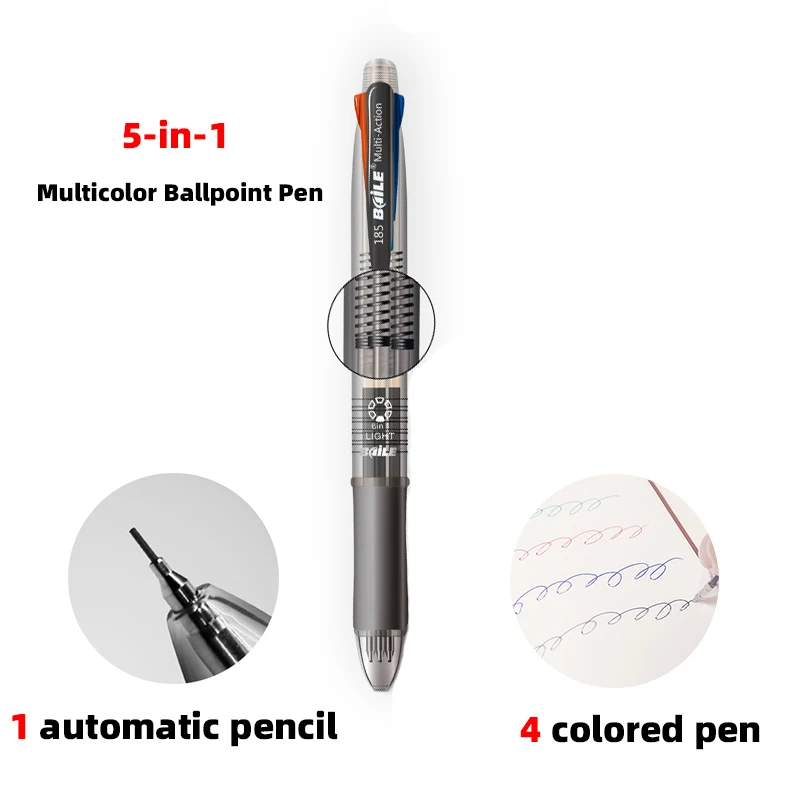 

5-in-1 color ball point pen, including 4 color ball point pens, 1 automatic eraser, 4 ballpoint pen refills, 12 pencil refills